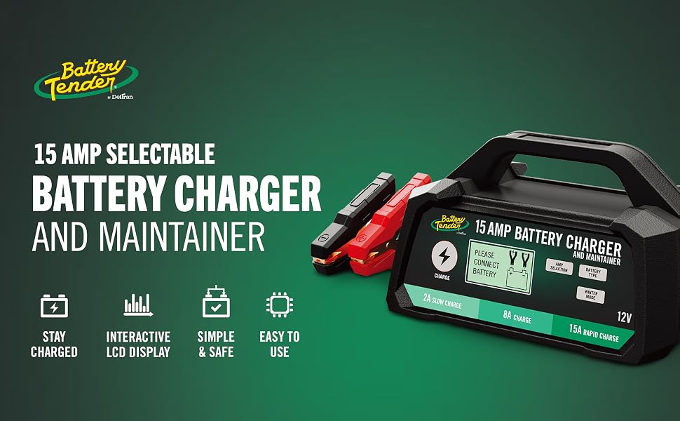 Battery Tender Battery Charger Maintainer 12V 15 AMP Selectable Gel AGM for Heavy Duty Equipment