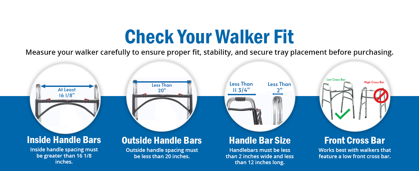 Measure walker for proper fit stability and secure tray placement