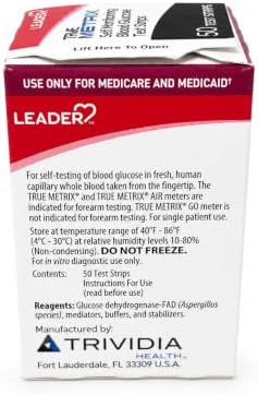 LEADER True Metrix Blood Glucose Test Strips for Diabetes, Tiny Blood Sample, Self-Monitoring, Triple Sense Technology, for Adults and Kids 12+