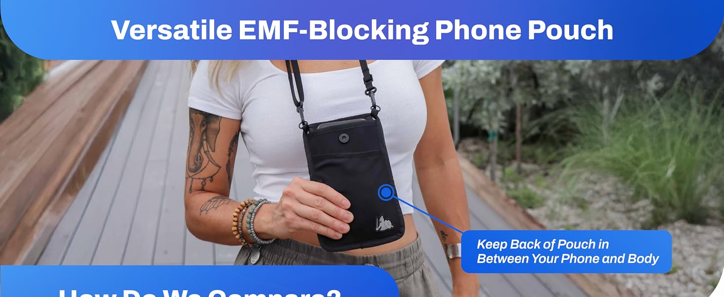 Woman wearing EMF shield for cell phone around neck while showing the pouch position for optimal use