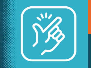White line icon of hand with glowing finger on rounded square background, displayed on teal and orange color-blocked background. Touch or interaction gesture symbol illustration.