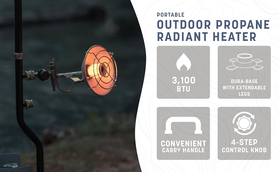 stansport, heater, radiant, portable, piezo, 3100 BTU, carry handle, propane heater, control knob