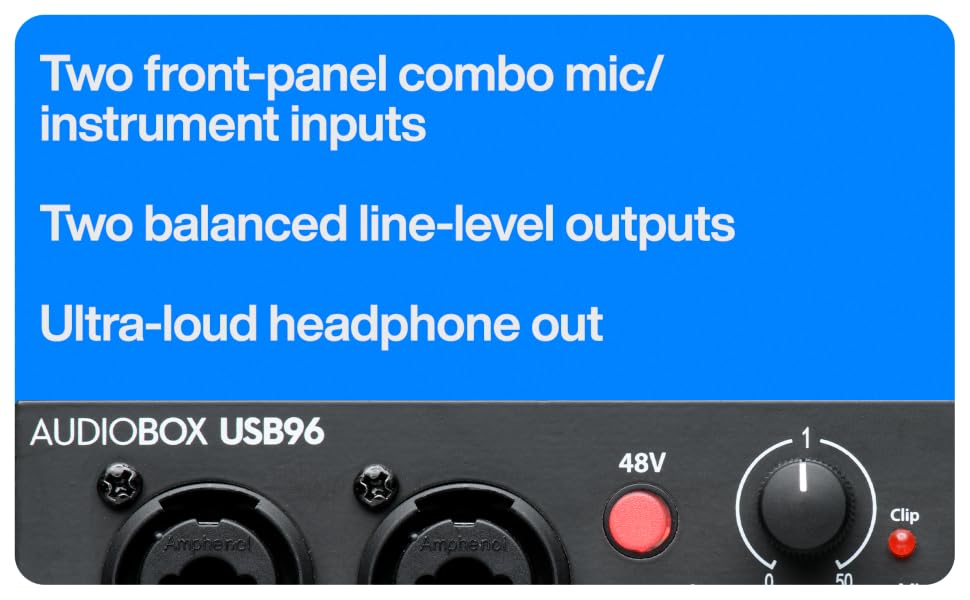 Two front-panel combo mic/instrument inputs, two balanced line-level outputs, loud headphone out