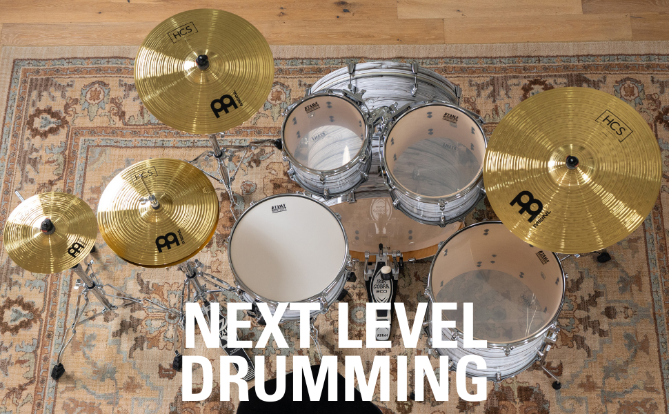 Overhead view of HCS cymbals on a drum kit