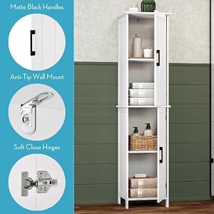 Tall cabinet displayed in room. Includes black handles, wall mounts and soft close hinges