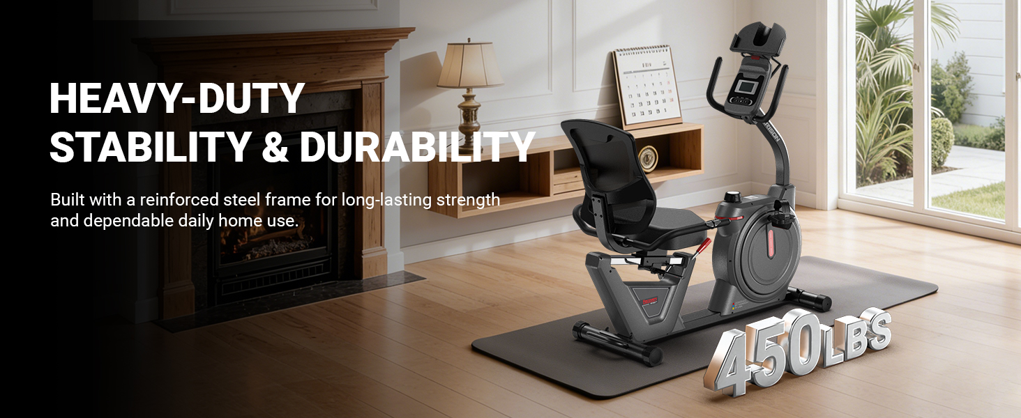 Heavy-duty steel frame recumbent bike designed to support up to 450 lbs