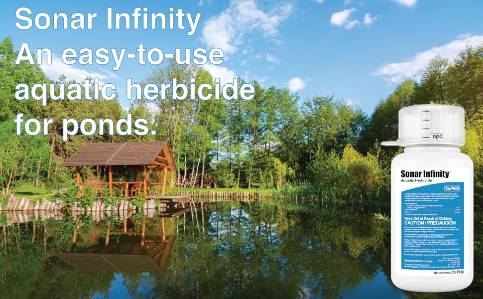 A bottle of Sonar Infinity in front of a weed-free, beautifully clean pond.