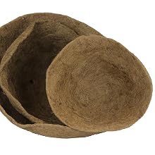 Round molded coco fiber (coir) liners are the easiest way to line a hanging basket
