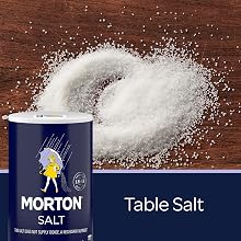 Non-Iodized Table Salt on Wood Background with Morton Round Can in Front