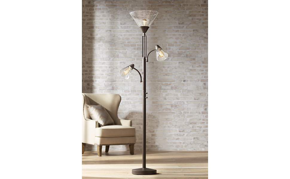 Warwick 71 1/2&amp;#34; Tiger Bronze and Seeded Glass Torchiere Floor Lamp