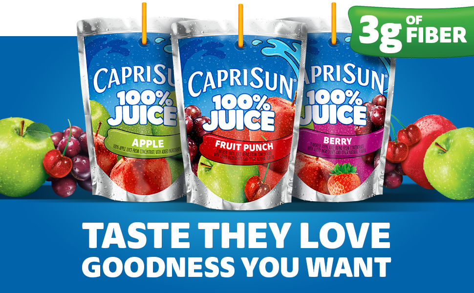 Taste they love goodness you want messaging, 3g of fiber callout with Capri Sun 100% Pouches