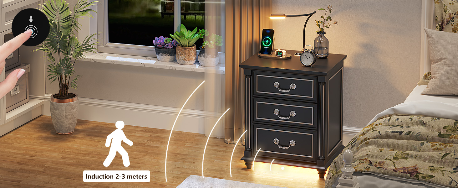 bedside table with charging station and drawers
