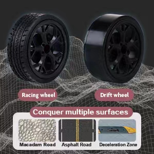 Two types of RC car wheels: 'Racing wheel' and 'Drift wheel'. Lower panel shows surfaces they can navigate: Macadam Road, Asphalt Road, Destination Zone.