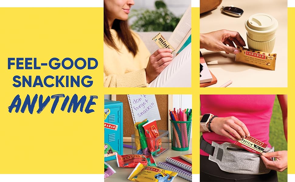 Larabar bars shown with reading working studying and exercise beside text Feel Good Snacking Anytime