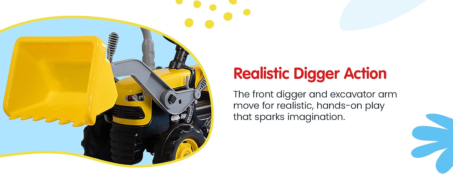 Front digger arm on yellow ride-on tractor. Text Reads: Realistic Digger Action.