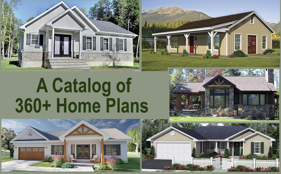 Various examples of small homes, text, A Catalog of 360+ Home Plans