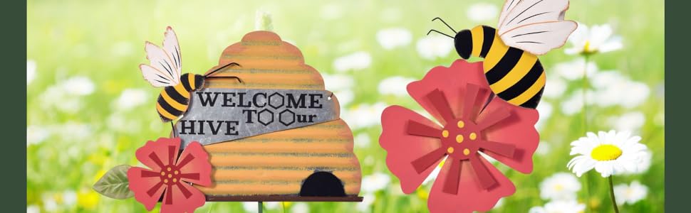 welcome to our hive bee honeybee yard decorations garden stake honeycomb and flowers