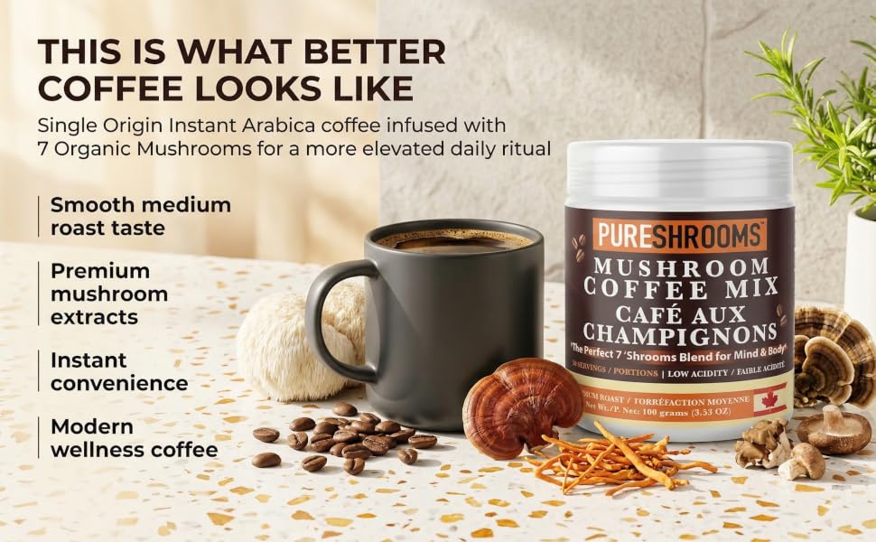 Organic instant mushroom coffee jar and brewed mug with functional extracts for a daily focus ritual
