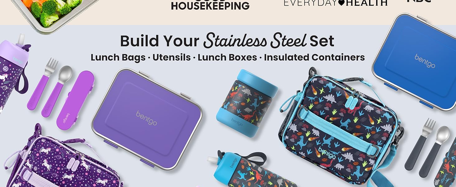 bentgo kids stainless steel collection, stainless steel lunch box, food jar, water bottle, utensils