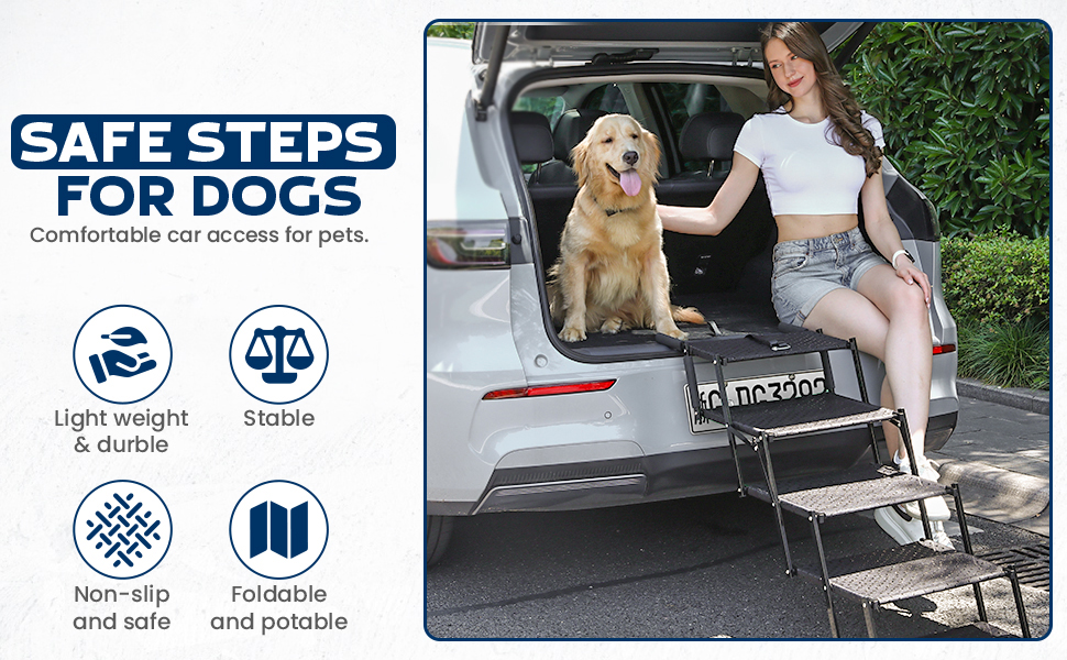Veralux foldable dog stairs for large dogs with XL harness, safe non-slip SUV steps.