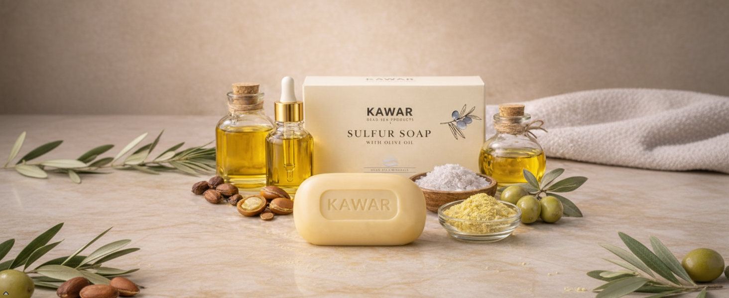 KAWAR Dead Sea Sulfur Soap with olive oil and Dead Sea ingredients.