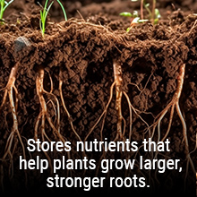 Humates help store plant nutrients that help plants to grow larger, stronger roots.