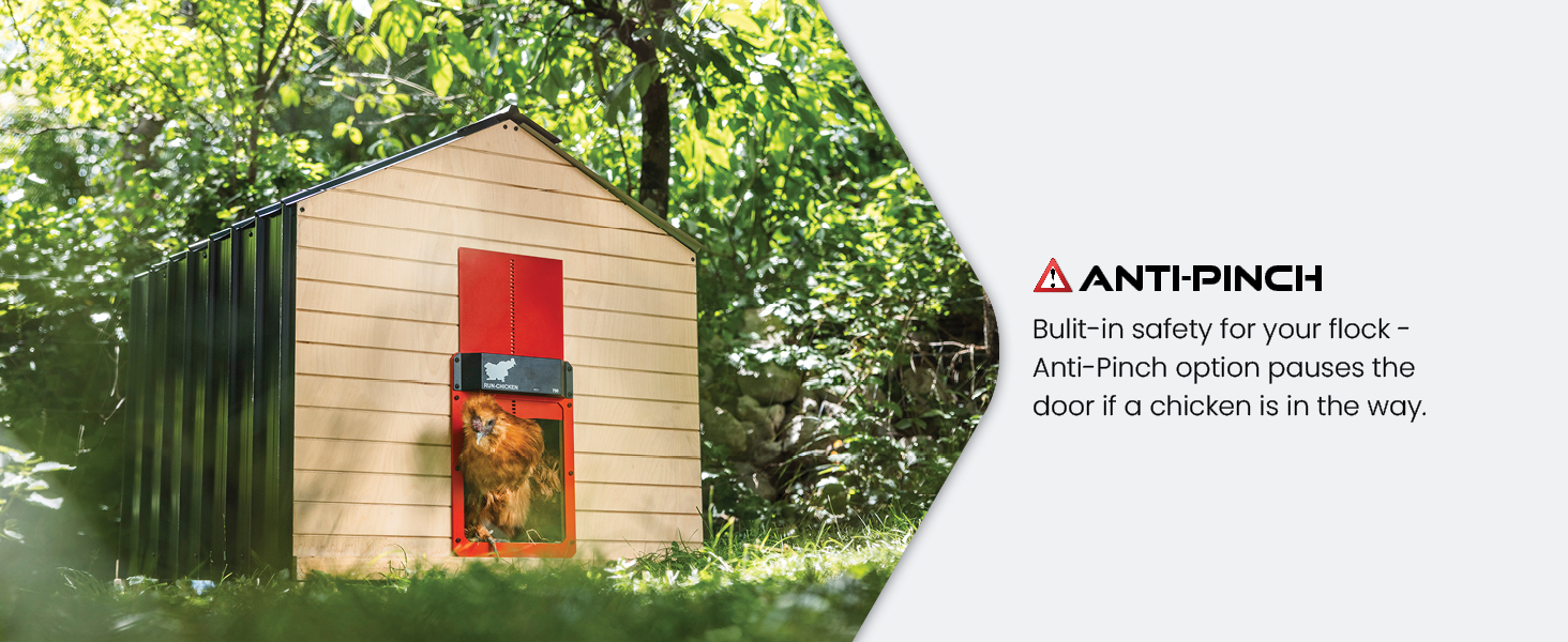 Anti-pinch system that protects chickens while the door are closing.