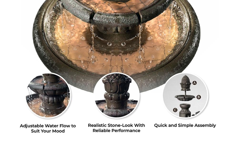 fountain shown with zoom in pictures like adjustable water flow, realistic faux-rock &amp; easy assembly
