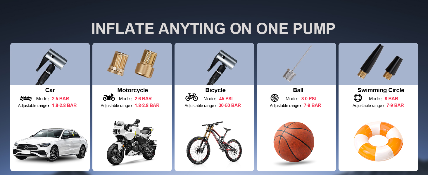 The A3 jump starter can inflate car, motorcycle,bike, ball and swimming circle on one pump