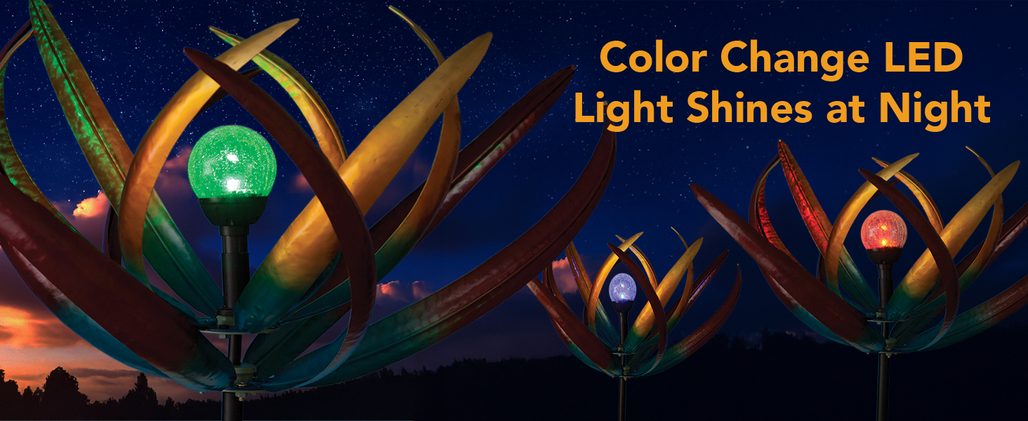 Watch as the color changing LED light comes to life when the sun goes down.