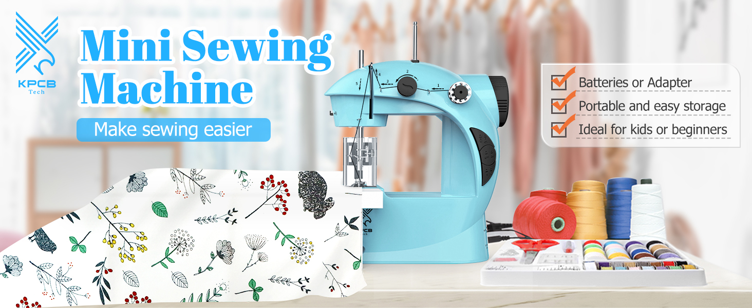 Mini sewing machine in light blue color. Portable and easy to store, ideal for beginners. Shown with colorful thread spools and fabric.