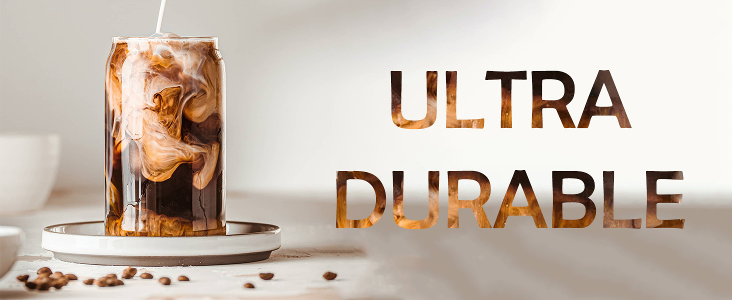 ultra durable Can shaped glass cup with iced coffee and milk
