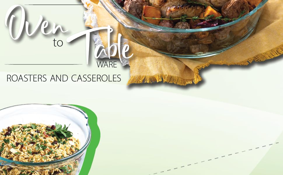 glass casseroles on green background. Oven to tableware roasters and casseroles