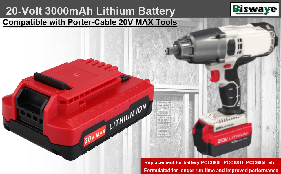 Biswaye 20V MAX Lithium Battery Replacement for Porter Cable 20V Tools Battery PCC680L PCC682L