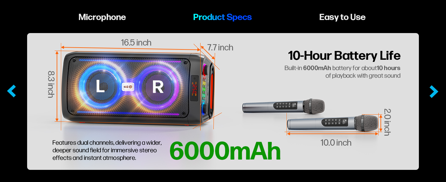 Text reads '90-Hour Battery Life' and '6000mAh'. Product interface showing microphone settings with L and R indicators and battery capacity information.