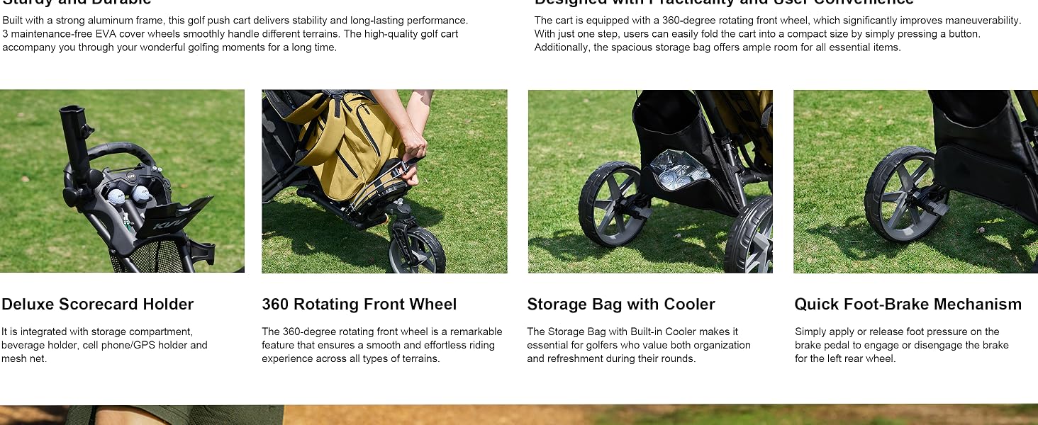 KVV 3 Wheel 360 Rotating Front Wheel Golf Push Cart