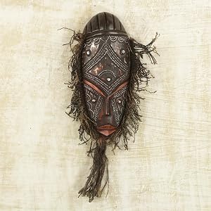 NOVICA Artisan Handmade African Sese Wood Mask Decor Aluminum Cotton Twine Ghana Brown Rustic Sack
