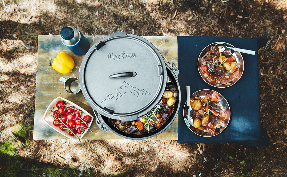 Uno Casa Cast Iron Camping Dutch Oven - 6 Quart Pre-Seasoned Camping Cookware Pot With Lid