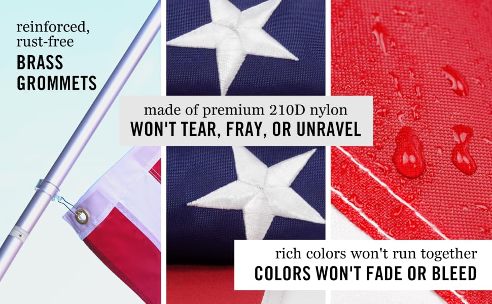 Our American flag dimensions are 5x8 and can be displayed outdoors or hung indoors