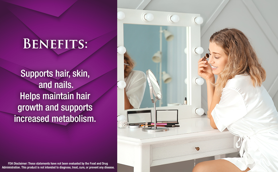 promotes healthy hair, skin and nails. enhances hair growth and increases metabolism