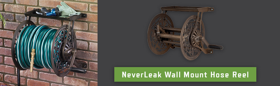 ames, tools, NeverLeak, hose reel, 125 foot capacity, metal hose reel, wall mounted, tool tray