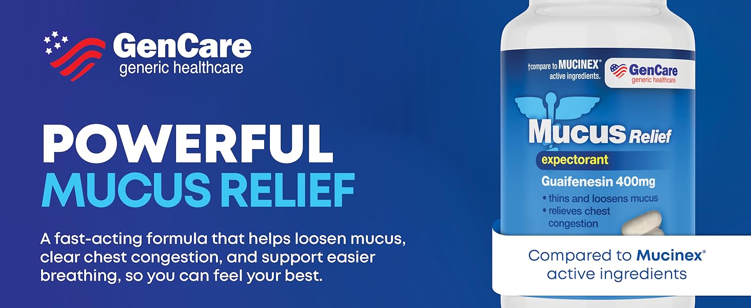 GenCare Mucus Relief Guaifenesin 400mg 200 Tablets Colds, Chest Congestion, Flu, Coughing, Allergies