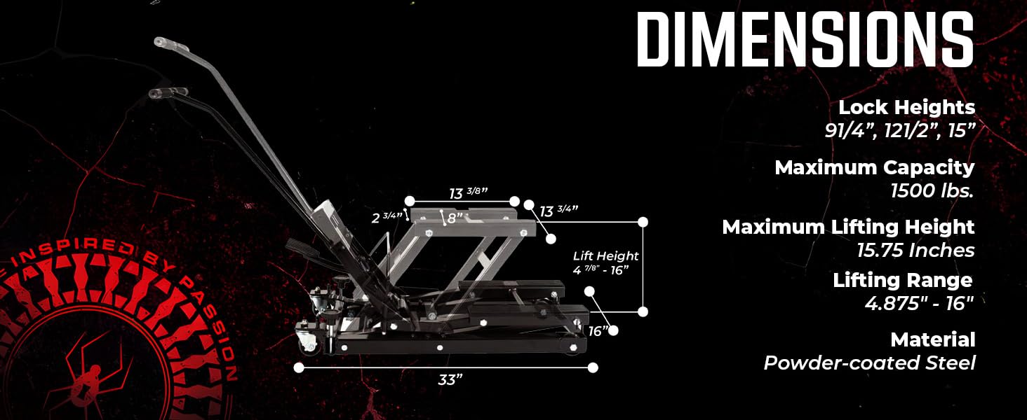 Diagram of motorcycle dolly with dimensions, weight, capacity, and aluminum material details.