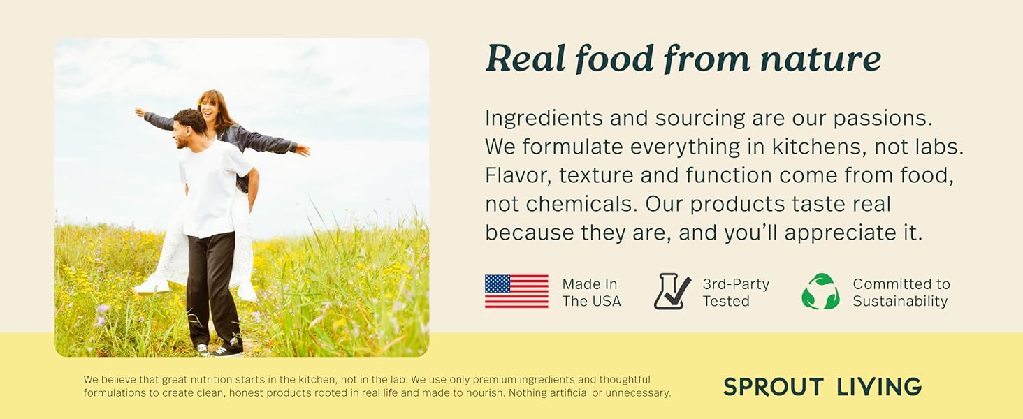 Sprout Living natural vegan protein banner. Made in USA, 3rd-party tested, and clean ingredients.