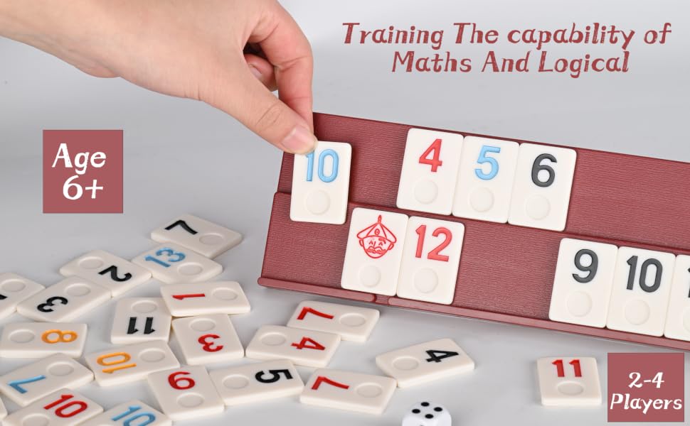 Educational math game with wooden number tiles on a red board. Designed for ages 6 and up, focusing on math and logical skills development.