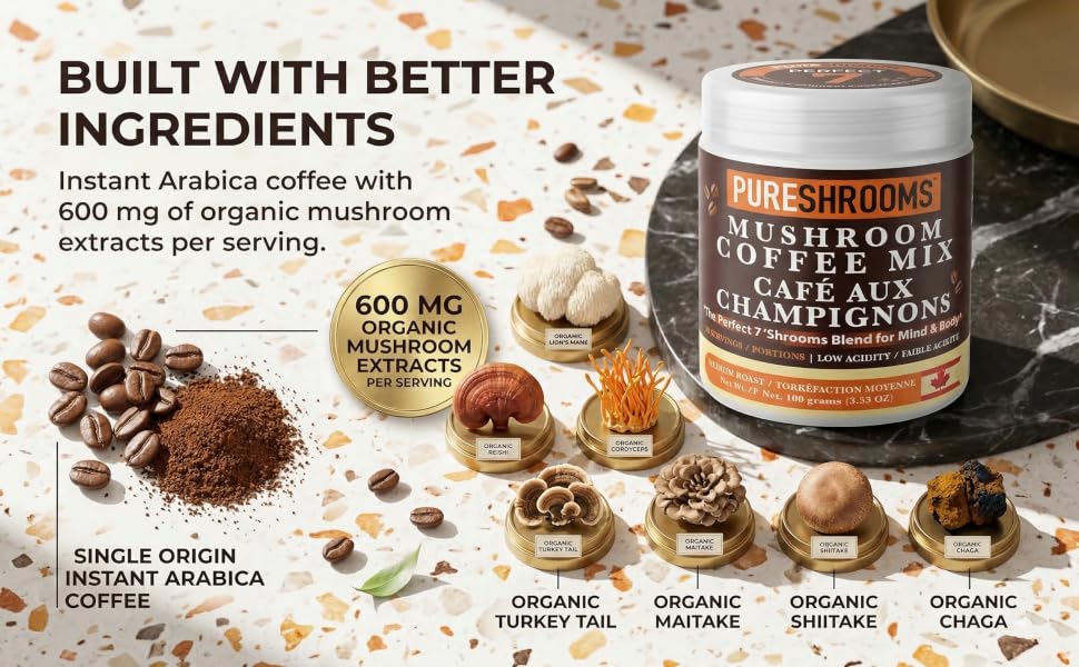 10 organic functional mushrooms blend with l theanine and instant arabica coffee for clean energy