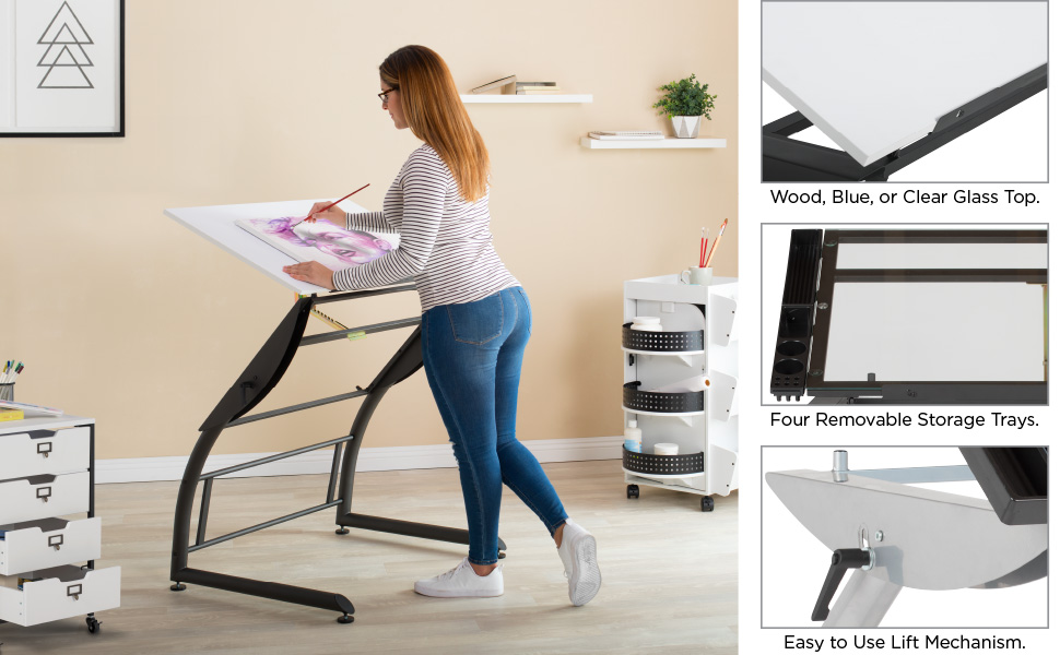drafting table, drawing table, metal and glass table, standing desk, sit and stand