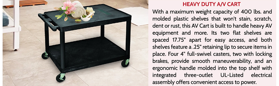 LUXOR LE27-B Audio and Video Utility Cart, 2 Shelves, Black