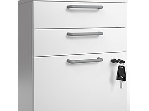 closeup of drawers and lock on white cabinet