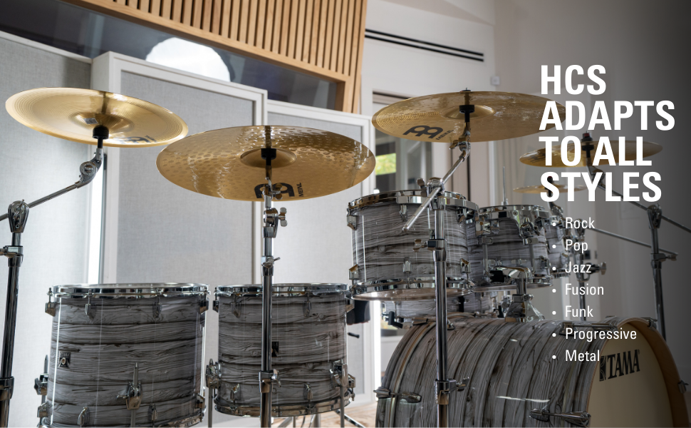 hcs cymbal set on a drum kit, underside view